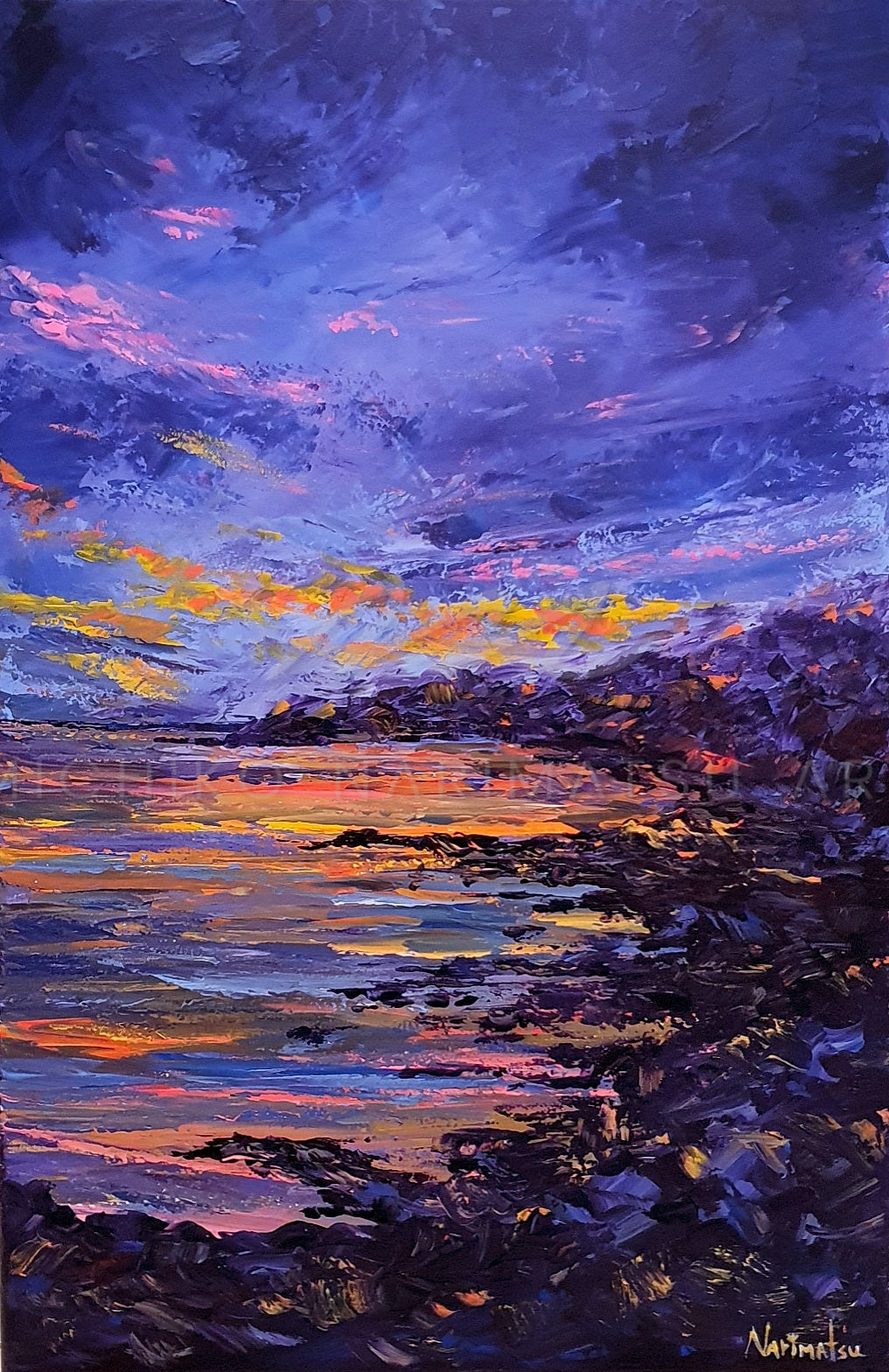Abstract beach with rocks in purple hues and yellow highlights